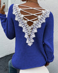 Lace Backless Hollow Out V-neck Pullover Long Sleeve Sweater