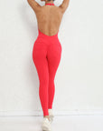 Halter Bare Back Yoga Jumpsuit Pleated Pocket Peach Hip Tight Sports Fitness Jumpsuit For Women