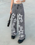 Five Pointed Star Printing Used Washed Jeans