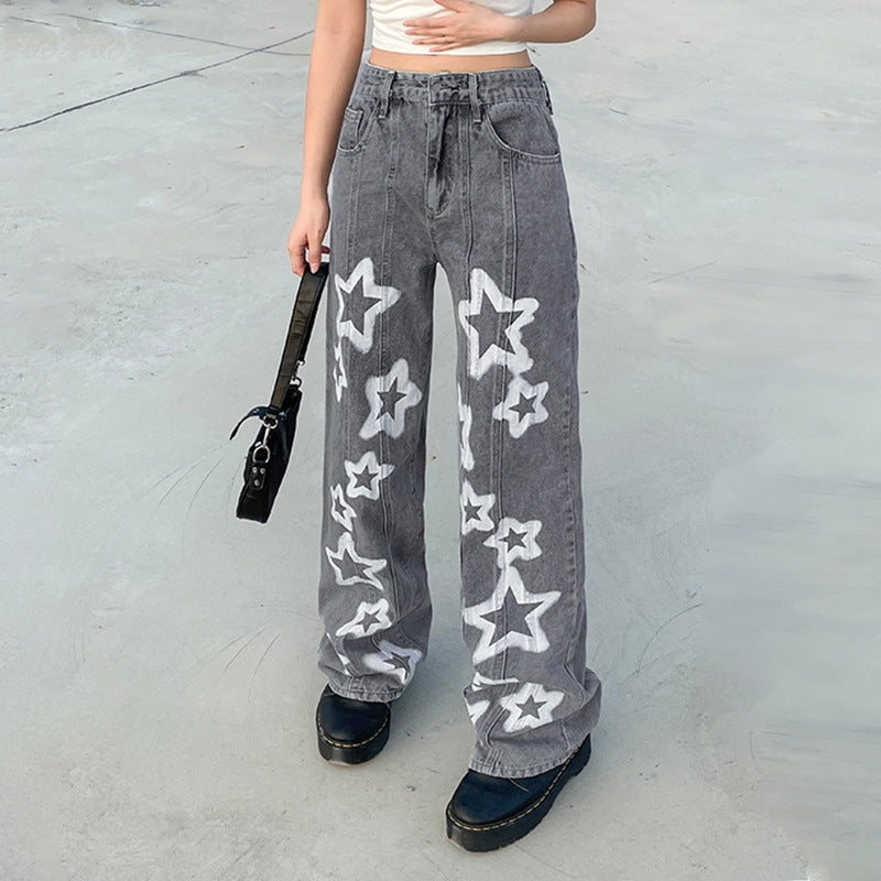 Five Pointed Star Printing Used Washed Jeans