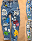 Ladies Print Ripped Fashion High Waist Jeans