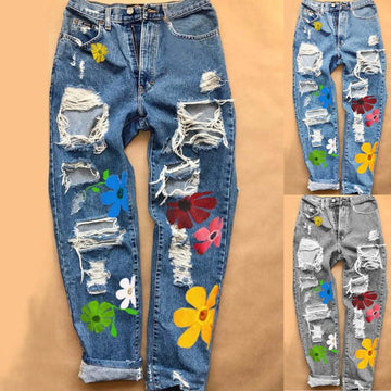 Ladies Print Ripped Fashion High Waist Jeans