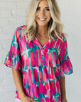 Women's Spring V-neck Chiffon Shirt Printed Short-sleeved Top