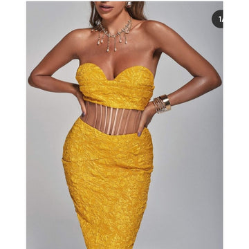 Summer Yellow Mesh Chest Wrap Midriff Outfit Slim And Sexy Casual Tight Communication Temperament Fork Mid-length Bandage Dress Evening Wear