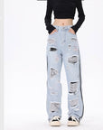 American Street Retro Tattered Jeans Washed Jeans