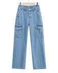 Washed Blue Pocket Decorated High Waist Wide-leg Jeans Women Casual Jeans