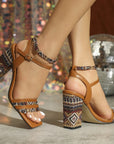 European And American Ladies Vintage Weave Style Square Toe Chunky Heel Sandals