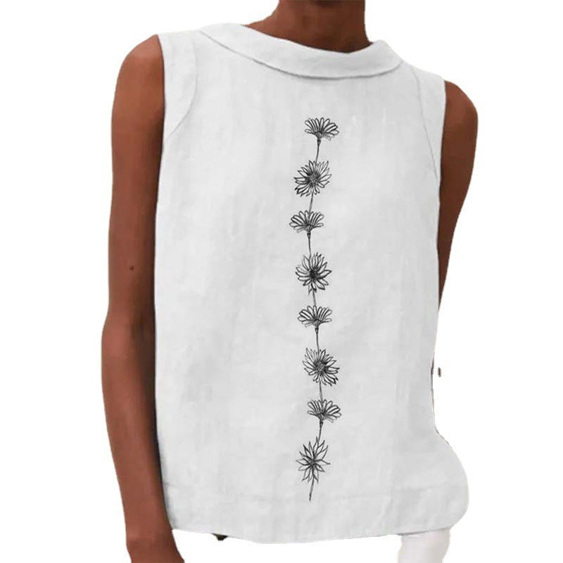 Summer New Sleeveless Round Neck Print T-shirt Top For Women