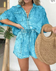 2pcs Loose Denim Suits Summer Casual Bat Sleeve Shirt And Drawstring Shorts With Pockets Women's Set