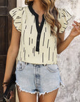 Summer Color Contrast Patchwork Top Lotus Leaf Flounced Sleeve Line Striped Shirt