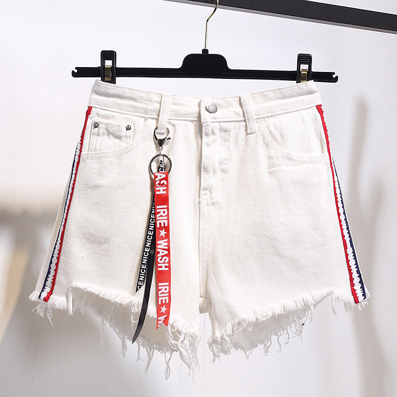 High waist denim shorts female summer dress fat mm loose 200 kg plus fertilizer XL thin wide leg hole a word hot pants