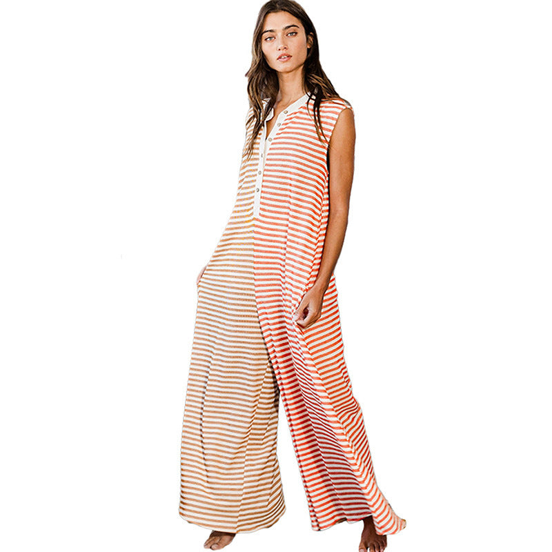 Sleeveless Jumpsuit Leisure Striped Printed Multi-pocket