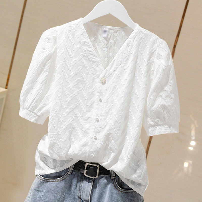 Cotton Embroidered Puff Sleeve Shirt Tops Women White Ladies Shirts