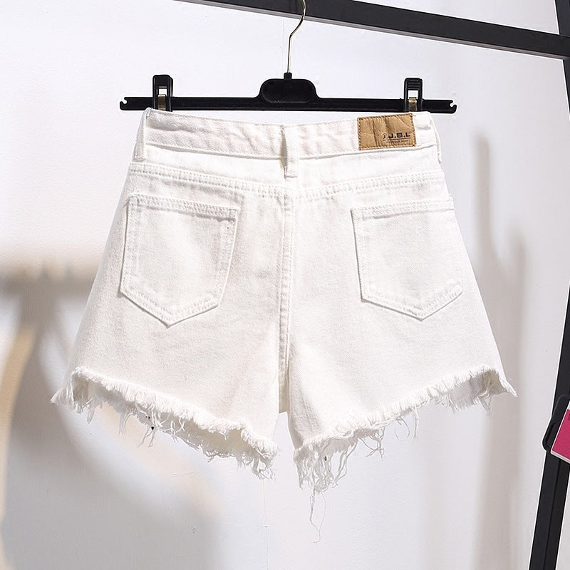 High waist denim shorts female summer dress fat mm loose 200 kg plus fertilizer XL thin wide leg hole a word hot pants