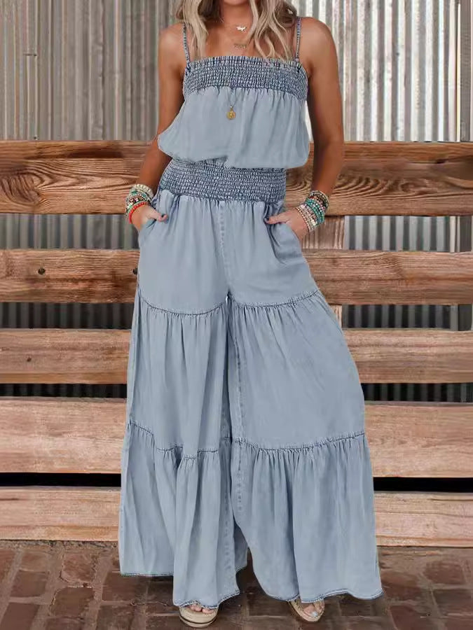 Lady Temperament Elegant Hem Splicing Sling Cake Denim Long Pants