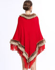 Faux Fox Fur Collar Tassel Pullover Knitting Cape And Shawl Coat