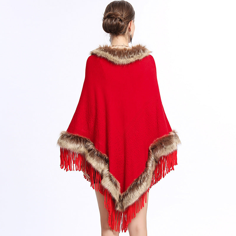 Faux Fox Fur Collar Tassel Pullover Knitting Cape And Shawl Coat