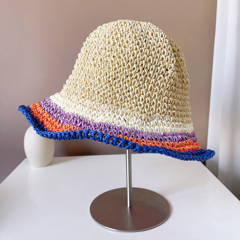 Women's Sun Protection Contrast Color Striped Straw Hat