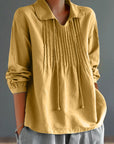 Loose Cotton And Linen Long Sleeve Women's Pleated Lapel Shirt