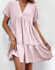 New Short-sleeved V-neck Dress Summer Casual Sweet Ruffled Dresses Solid Color Holiday Beach Dress For Womens Clothing