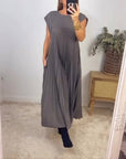 Short Sleeve Pleated Long Dress Summer Round Neck Dress Women's Clothing