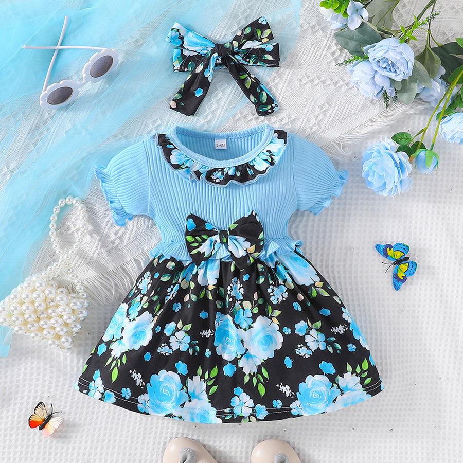 Girls' Printed Dress Headscarf Two-piece Set