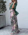 Short Button Top Suit Full-body Floral Wide-leg Trousers