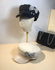 Splicing Socialite Flat Top Rhinestone Bow Navy Hat Female