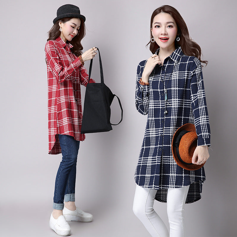 Plaid Women's Shirt, Long Sleeves, Loose And Thin, Mid-length Women