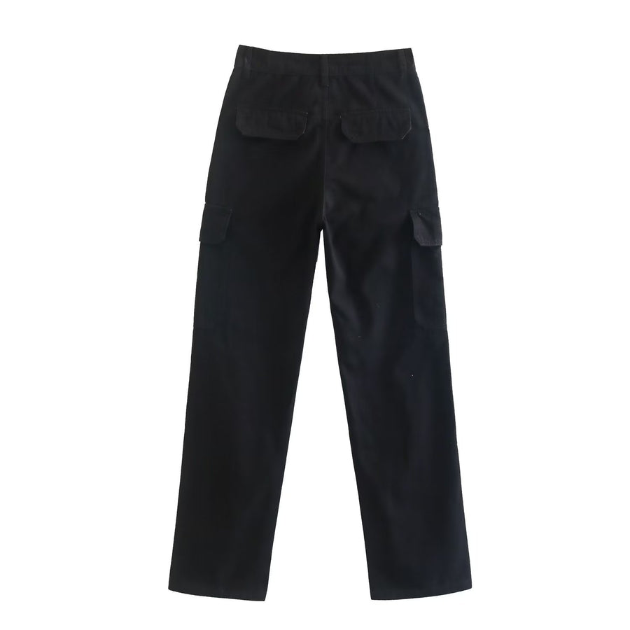 Women's Straight Solid Color Pocket Loose Casual Pants