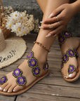 Ethnic Style Flowers Flat Sandals Summer Vacation Casual Clip Toe Beach Shoes For Women