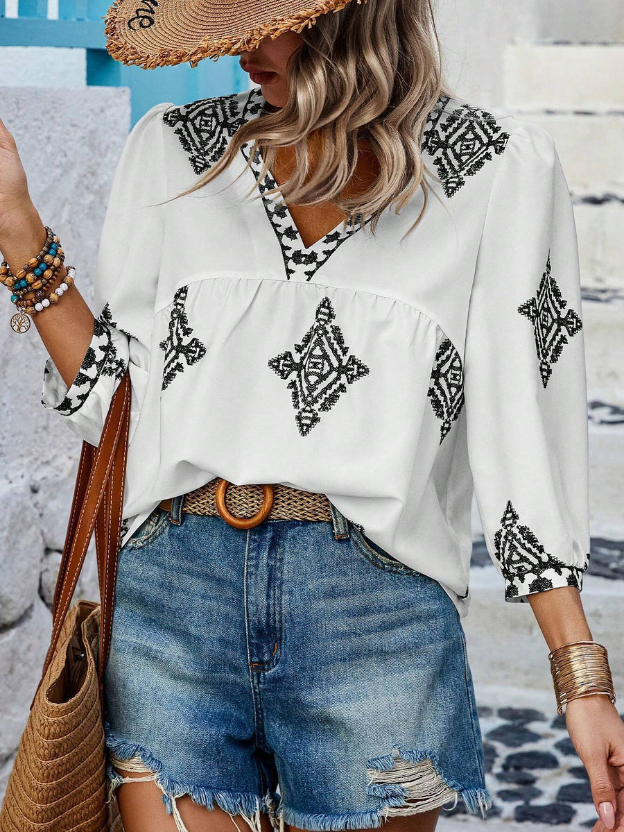 Fashion Printed Bags Three-quarter Sleeve V-neck Women's Blouse