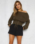 Lace Up Loose Long Sleeve Plus Size Sweater