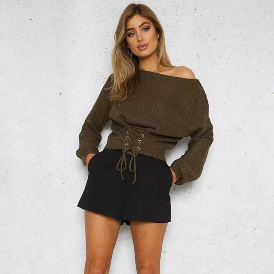 Lace Up Loose Long Sleeve Plus Size Sweater