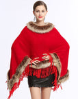 Faux Fox Fur Collar Tassel Pullover Knitting Cape And Shawl Coat