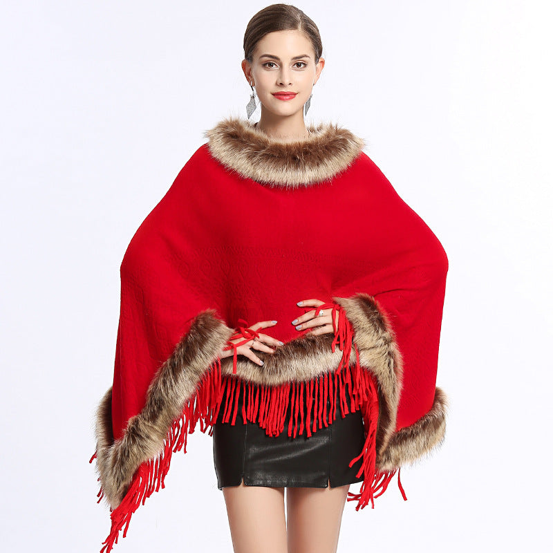 Faux Fox Fur Collar Tassel Pullover Knitting Cape And Shawl Coat