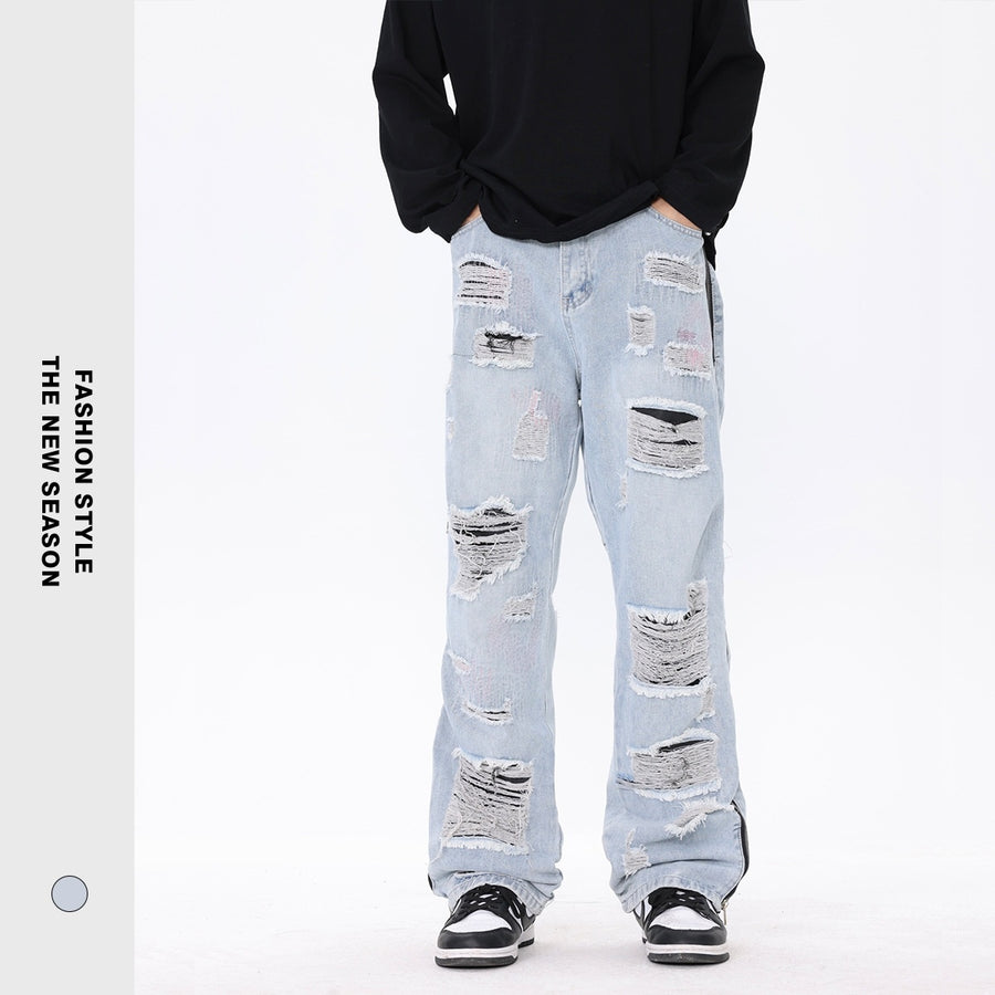 American Street Retro Tattered Jeans Washed Jeans