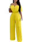 Women's Off-neck Waist Trimming Loose Straight Jumpsuit