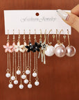 Combination Style 6 Pairs Of Temperament Personality Internet Famous Long Pearl Earrings With Crystal Flowers Simple And Versatile Earrings