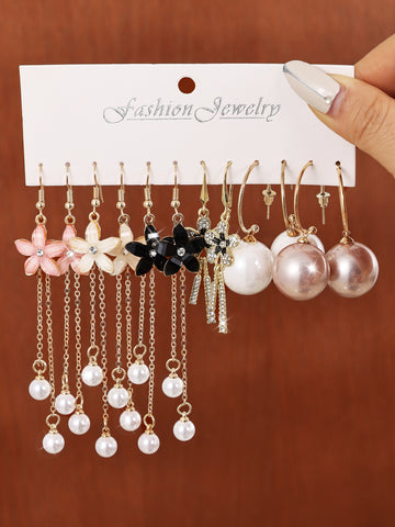 Combination Style 6 Pairs Of Temperament Personality Internet Famous Long Pearl Earrings With Crystal Flowers Simple And Versatile Earrings