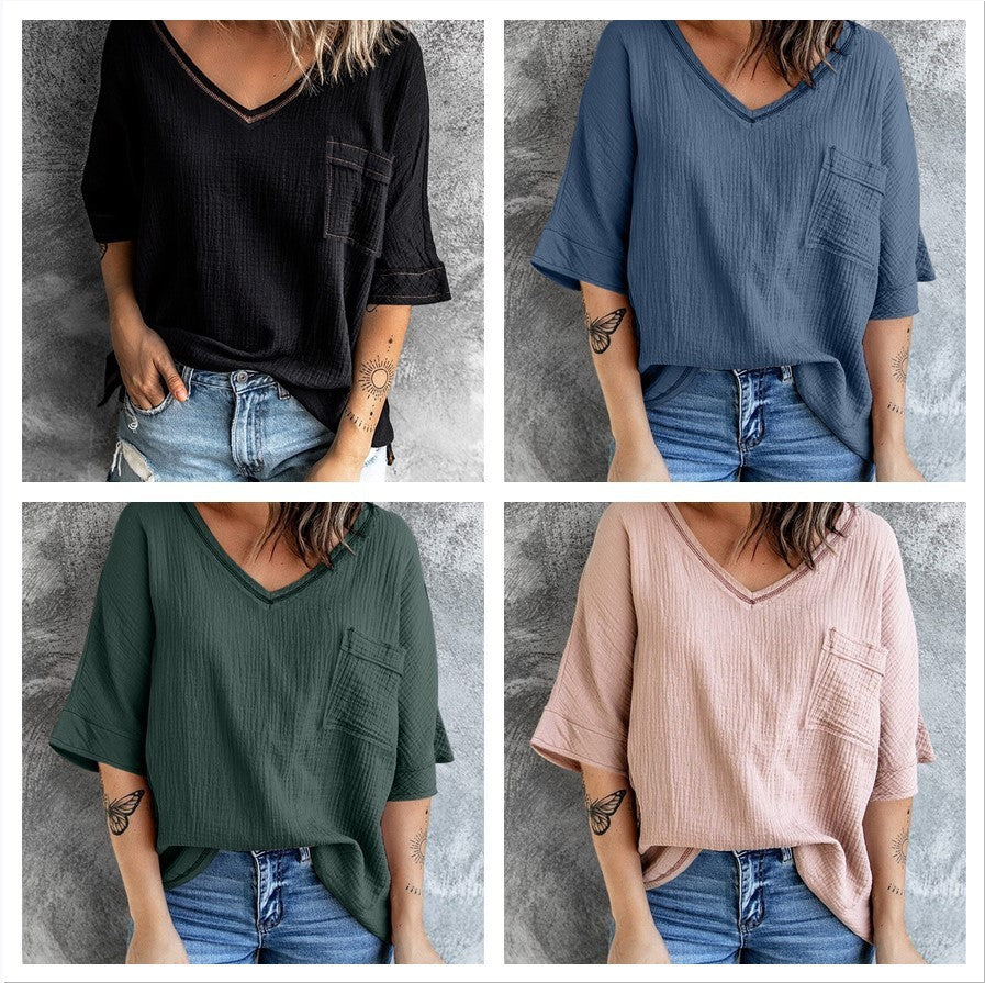 Spring And Summer New Shirt Fashion V-neck Pocket Split Half Sleeve Top For Women Ins