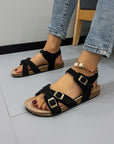 Women's Belt Buckle Cross Strap Large Size Flat Bottom Casual Slippers