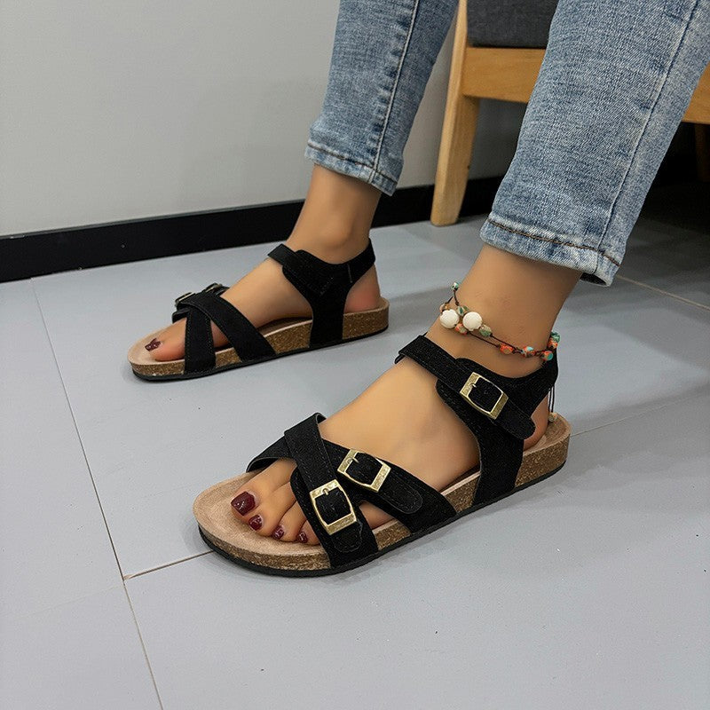 Women's Belt Buckle Cross Strap Large Size Flat Bottom Casual Slippers