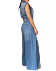 Leisure Washed-out Sleeveless Denim One-piece Wide-leg Pants Women