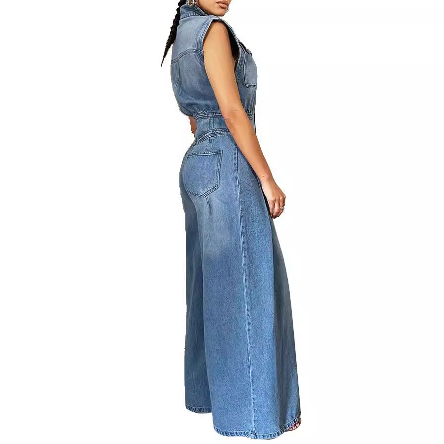 Leisure Washed-out Sleeveless Denim One-piece Wide-leg Pants Women