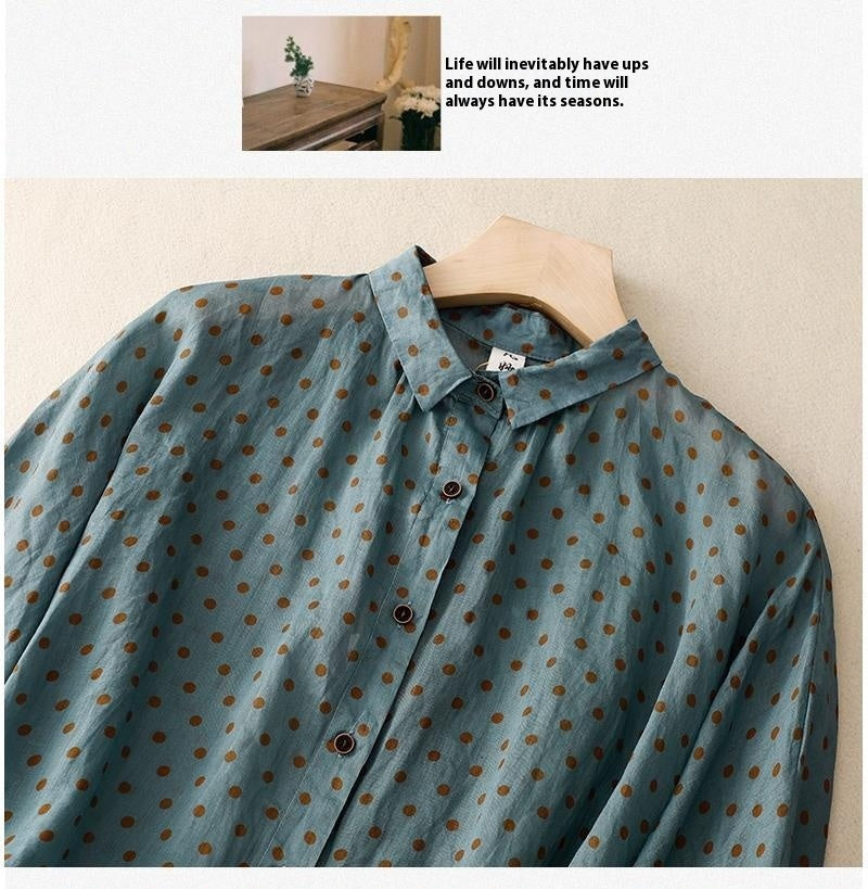 National Style Literary Style Lightweight And Slightly Transparent Polka-dot Loose-fitting Linen Shirt