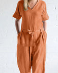 Women's Solid Color Pure Cotton And Linen Loose Strap Pocket Jumpsuit