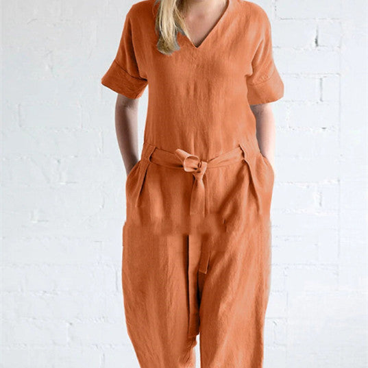 Women's Solid Color Pure Cotton And Linen Loose Strap Pocket Jumpsuit