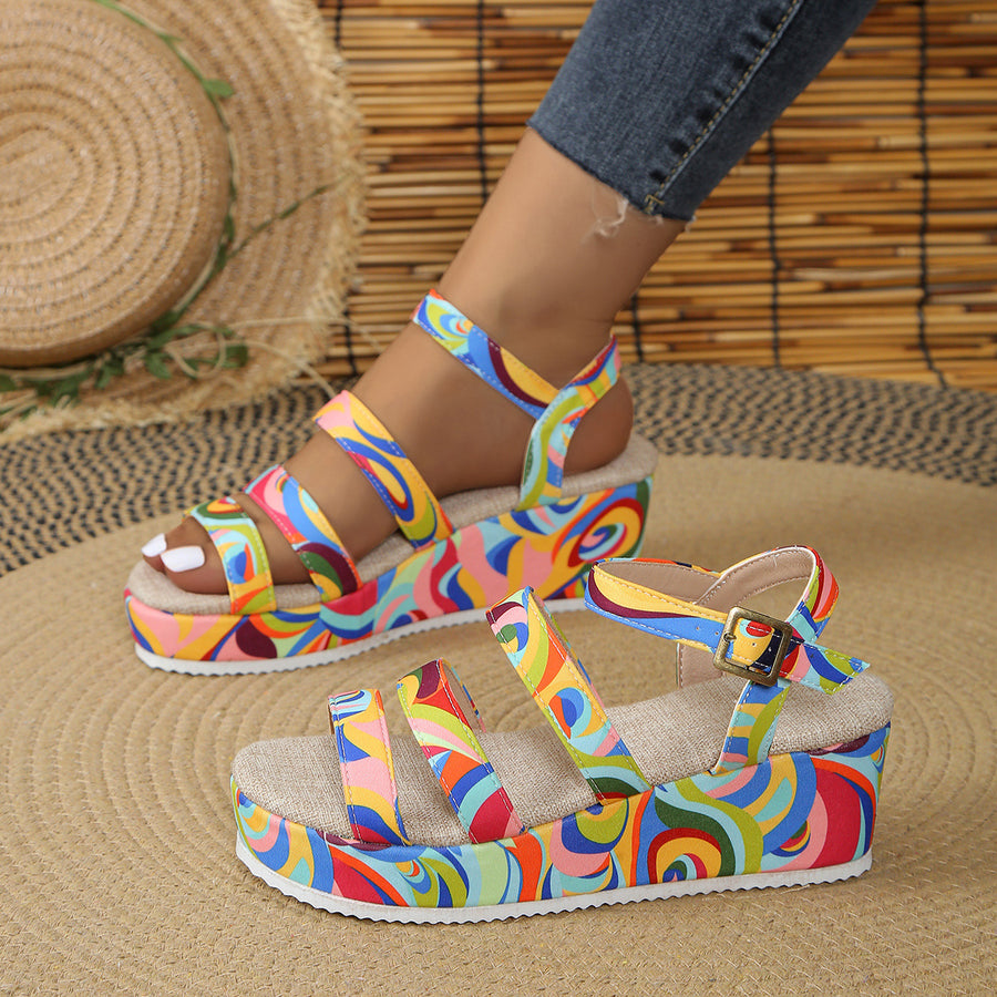 Women's Colorful Peep Toe Buckle Sandals