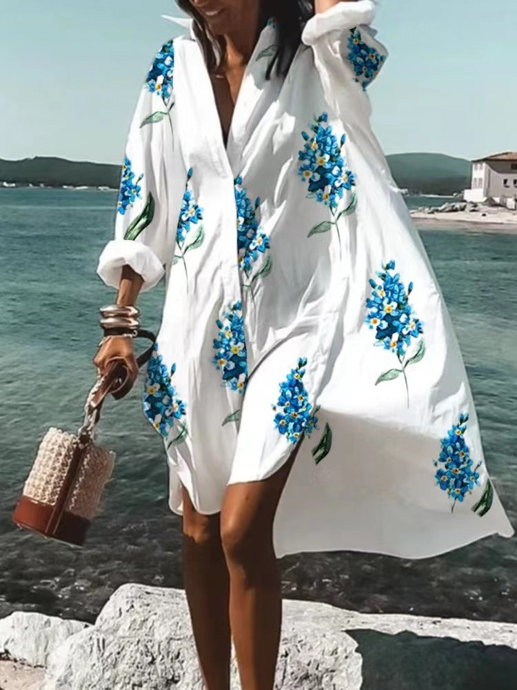 Women's Loose Digital Printing Long-sleeved Lapel Shirt Dress